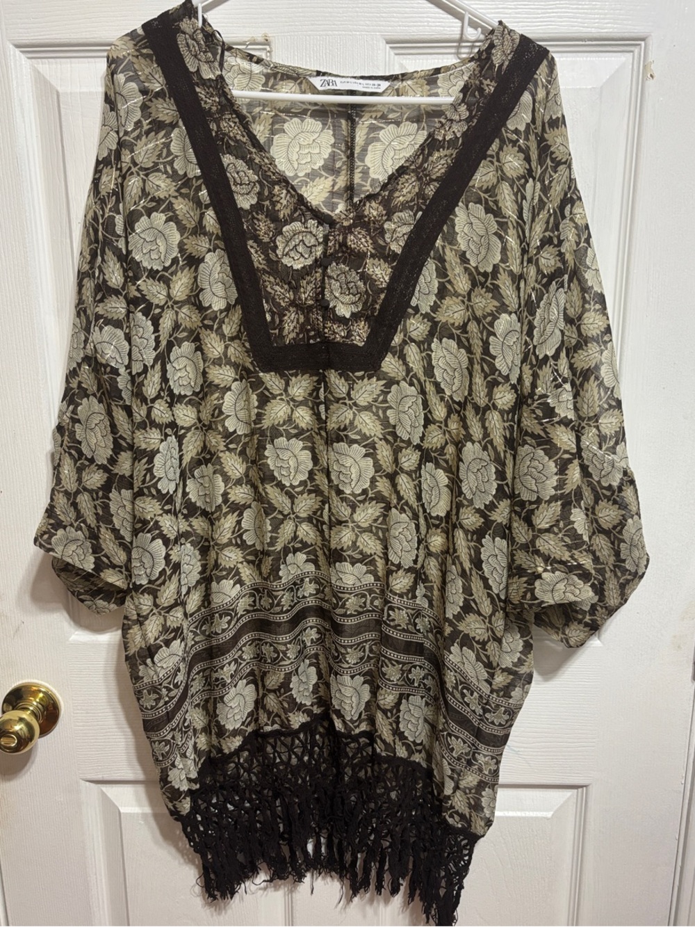 Zara Black, Gold, and Cream Floral V-nexk top with Crochet Fringe size M-L